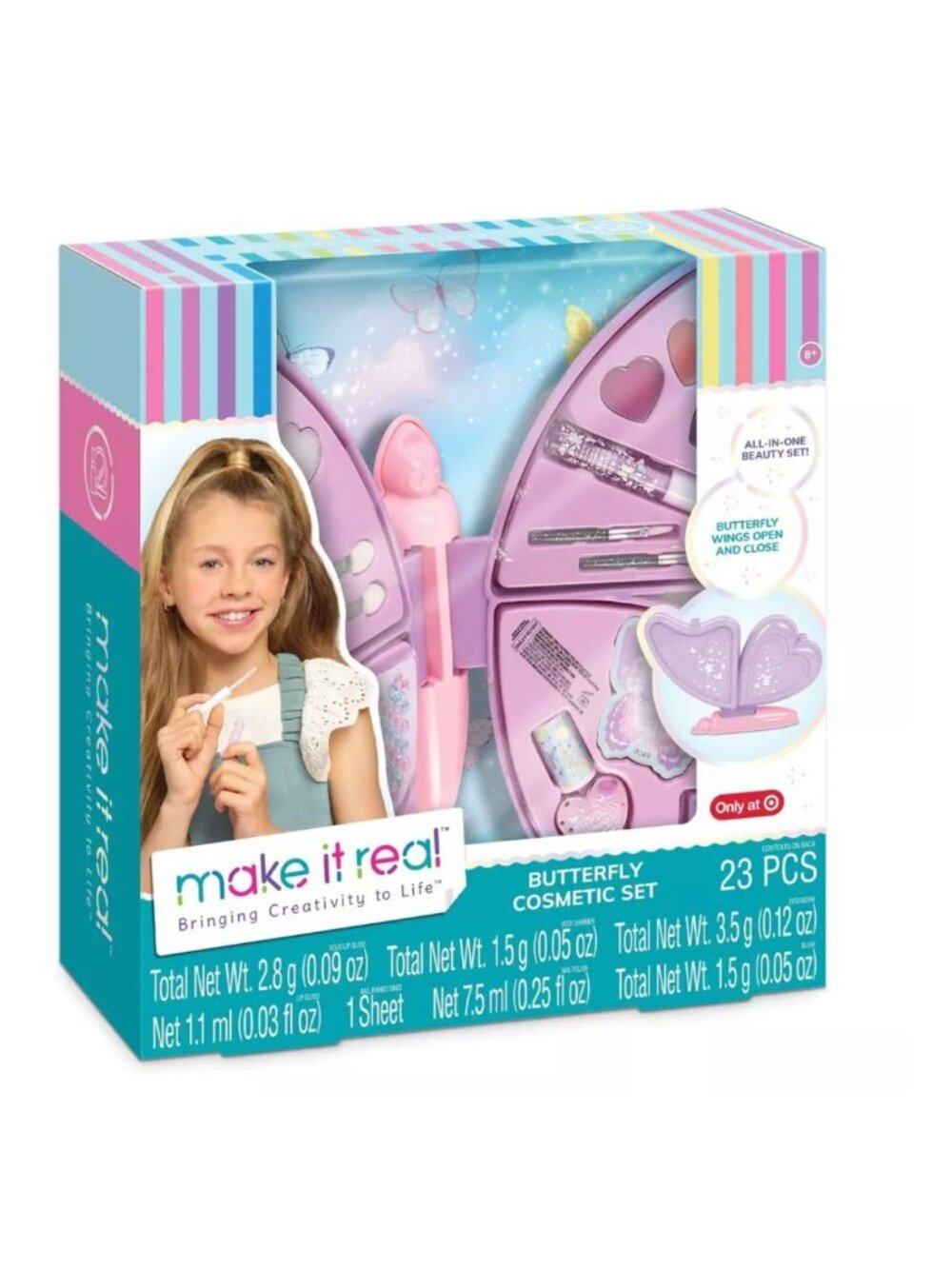 Make It Real Butterfly Cosmetic Set For Kids 23-Piece All-In-One Beauty Kit With